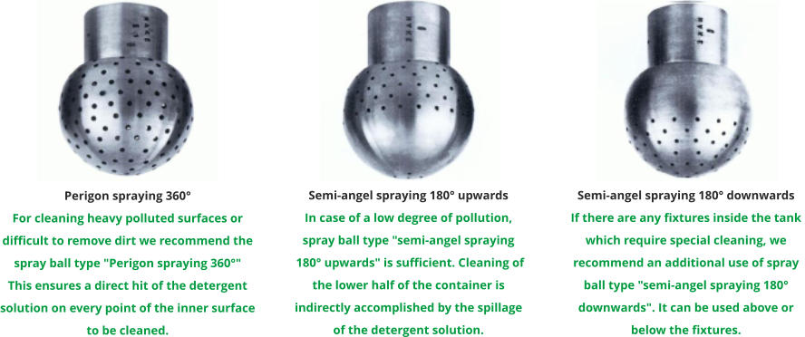 Semi-angel spraying 180° upwards In case of a low degree of pollution,  spray ball type "semi-angel spraying  180° upwards" is sufficient. Cleaning of  the lower half of the container is  indirectly accomplished by the spillage  of the detergent solution. Semi-angel spraying 180° downwards If there are any fixtures inside the tank  which require special cleaning, we  recommend an additional use of spray  ball type "semi-angel spraying 180°  downwards". It can be used above or  below the fixtures. Perigon spraying 360° For cleaning heavy polluted surfaces or difficult to remove dirt we recommend the spray ball type "Perigon spraying 360°" This ensures a direct hit of the detergent solution on every point of the inner surface to be cleaned.