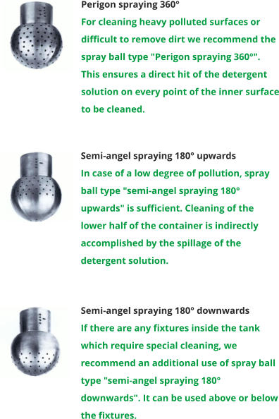 Perigon spraying 360° For cleaning heavy polluted surfaces or difficult to remove dirt we recommend the spray ball type "Perigon spraying 360°". This ensures a direct hit of the detergent solution on every point of the inner surface to be cleaned. Semi-angel spraying 180° upwards In case of a low degree of pollution, spray ball type "semi-angel spraying 180° upwards" is sufficient. Cleaning of the lower half of the container is indirectly accomplished by the spillage of the detergent solution. Semi-angel spraying 180° downwards If there are any fixtures inside the tank which require special cleaning, we recommend an additional use of spray ball type "semi-angel spraying 180° downwards". It can be used above or below the fixtures.